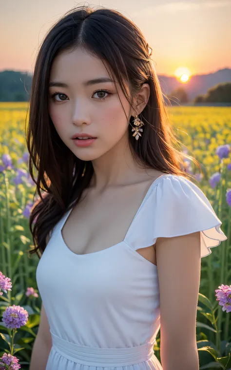 (1 girl), (summer night sunset:1.3), (8k, RAW photo, best quality, masterpiece:1.2), (realistic, photo-realistic:1.37), best quality, ultra high res, (focus face:1.8), (portrait face:1.7), (high contrast:1.1), (intense:1.1), (detailed:1.1), (highest quality), (analog:1.2), (high sharpness), photographed by Canon EOS R6, 135mm, 1/1250s, f/2.8, ISO 400, (summer dress:1.4), (standing in flower field:1.3), (vibrant, colorful:1.3)