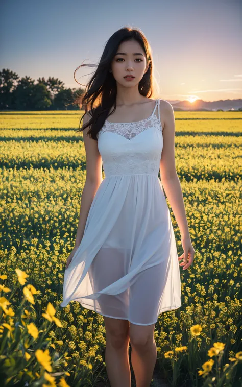 (RAW photo, best quality, highest quality, masterpiece:1.2), (realistic, photo-realistic:1.37), ultra high res, (1 girl), (summer night sunset:1.3), (summer dress:1.3), (standing in flower field:1.4), (focus face:1.3), (high contrast:1.1), (detailed background:1.3), dynamic pose, intricate detail, delicate pattern, (vibrant, colorful:1.3), (analog:1.2), (high sharpness), photographed by Canon EOS R6, 135mm, 1/1250s, f/2.8, ISO 400,