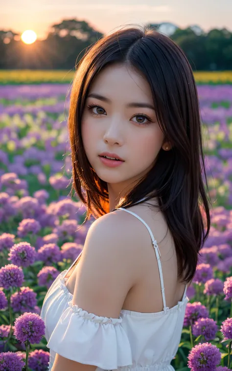 (1 girl), (summer night sunset:1.3), (8k, RAW photo, best quality, masterpiece:1.2), (realistic, photo-realistic:1.37), best quality, ultra high res, (focus face:1.8), (portrait face:1.7), (high contrast:1.1), (intense:1.1), (detailed:1.1), (highest quality), (analog:1.2), (high sharpness), photographed by Canon EOS R6, 135mm, 1/1250s, f/2.8, ISO 400, (summer dress:1.4), (standing in flower field:1.3), (vibrant, colorful:1.3)