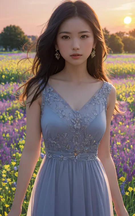 (1 girl), (summer night sunset:1.3), (8k, RAW photo, best quality, masterpiece:1.2), (realistic, photo-realistic:1.37), best quality, ultra high res, (focus face:1.8), (portrait face:1.7), (high contrast:1.1), (intense:1.1), (detailed:1.1), (highest quality), (analog:1.2), (high sharpness), photographed by Canon EOS R6, 135mm, 1/1250s, f/2.8, ISO 400, (summer dress:1.4), (standing in flower field:1.3), (vibrant, colorful:1.3)