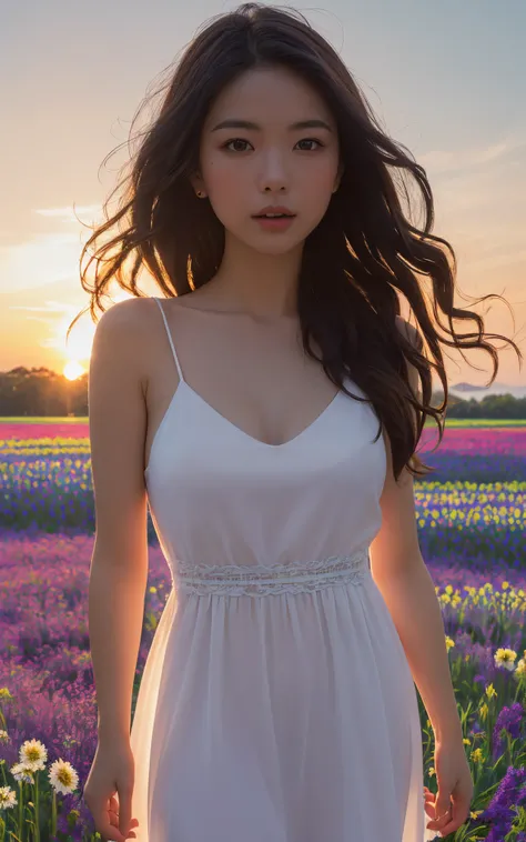 (1 girl), (summer night sunset:1.3), (8k, RAW photo, best quality, masterpiece:1.2), (realistic, photo-realistic:1.37), best quality, ultra high res, (focus face:1.8), (portrait face:1.7), (high contrast:1.1), (intense:1.1), (detailed:1.1), (highest quality), (analog:1.2), (high sharpness), photographed by Canon EOS R6, 135mm, 1/1250s, f/2.8, ISO 400, (summer dress:1.4), (standing in flower field:1.3), (vibrant, colorful:1.3)