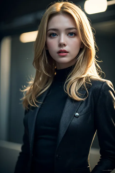 Best quality, masterpiece, ultra high res, (photorealistic:1.4), raw photo, 1girl, blonde hair, blue eyes,  detailed eyes and face, black suit, dynamic lighting, in the dark, deep shadow, low key, cowboy shot full-lenght body