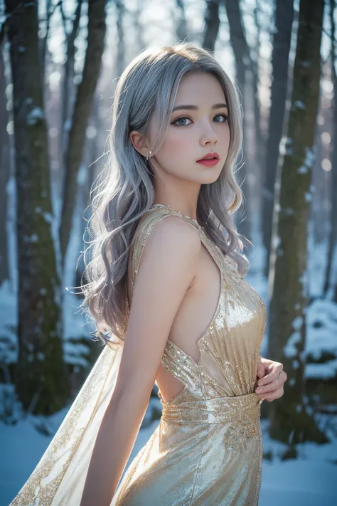 foxie european woman, long silver curly hair, Gorgeous Gold Lace Dress, winter forest, Snow, natural skin texture, 4k textures, soft cinematic light, photolab, intricate, elegant, highly detailed, sharp focus, ((((cinematic look)))), soothing tones, intricate details, low contrast, soft cinematic light, exposure blend, hdr, faded, hyperdetailed, backlighting, cowboy shot, 85mm, close-up, sparkle, award winning, best quality, 4K