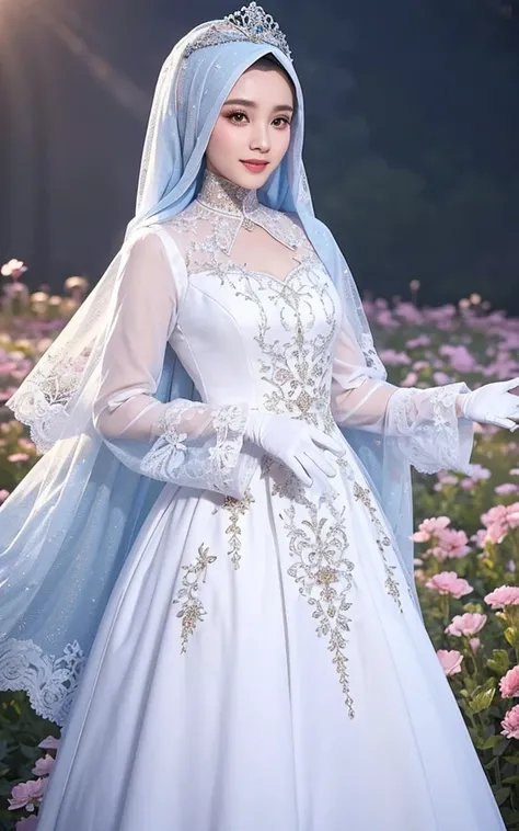best quality, masterpiece, photorealistic, realistic, 1girl, hijab, elegant, beautiful face, extremely detailed face, (colorfull long dress:1.2, long sleeves), robe, white gloves, hair ornament, tiara, flower field evening, character focus, light smile, standing, dynamic lighting, cowboy shot