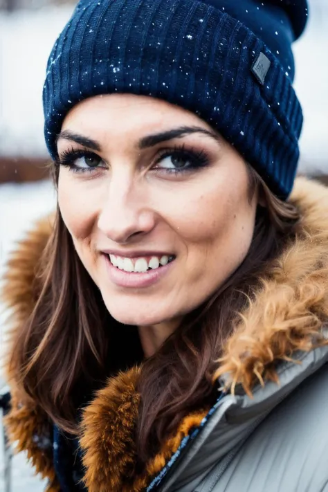 best quality, 4k, 8k, ultra highres, raw photo in hdr, sharp focus, intricate texture, skin imperfections, photograph of bky with a dark blue wool beanie and winter scarf in the snow wearing a light brown winter jacket, brunette hair, intricate details, snowing,<lyco:BeckyL-RealVision-V1.0:1.0>