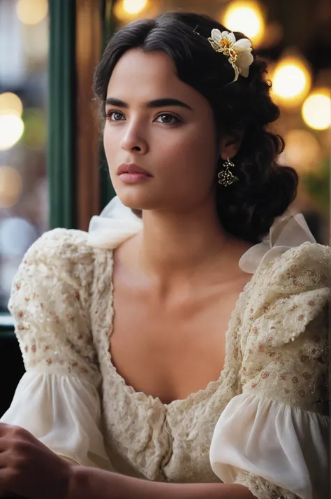 cinematic film still Romanticism Photorealism <lora:TalisaSotoSDXL-000008:1>, (full-body photo:1.3) of TalisaSotoSDXL in romantic dress with flower embroidments, dark-brown hair, brown eyes, sitting on a chair in a traditional french cafe (highily detailed face, highily detailed eyes:1.3), Photorealism, often for highly detailed representation, photographic accuracy, or visual illusion., detailed skin texture, (blush:0.5), (goosebumps:0.5), subsurface scattering, (extremely detailedskin:1.5),(matte skin:1.7), healthy human skin, human skin has [visible|[(wrinkles:0.625)|small pores]], unretouched skin, Romanticism, often for emotional expression, nature scenes, or romantic ideals. . shallow depth of field, vignette, highly detailed, high budget Hollywood movie, bokeh, cinemascope, moody, epic, gorgeous, film grain, grainy
