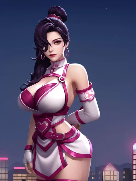 1girl,hair ornament,elbow gloves, fishnets,earrings, jewelry, looking at viewer, cityscape, night, mature female, cleavage, hair bun, ponytail, belt, nurse,(hair over one eye:1.2), white choker,white shorts,cleavage cutout,chinese clothes, pantyhose, arms behind back,cross,blurry background, <lora:AKEaixinghuli_20230718124707-000010:0.8>,curly hair, pink eyes, standing,