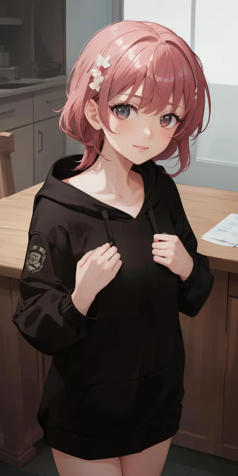 ultra-detailed, ultra high res, one beautiful girl, beautiful detailed eyes, smile, misaka_mikoto, high angle shot, corneo_covering_breasts_two_hands, ((black hoodie)),