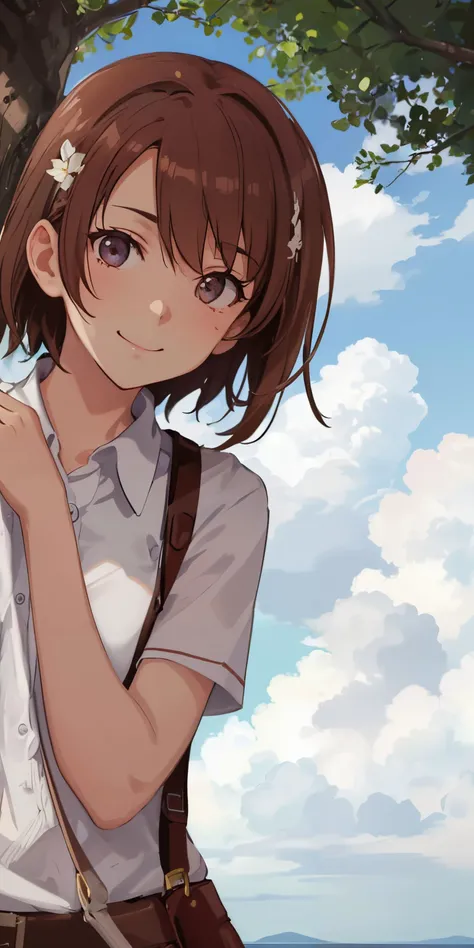ultra-detailed, ultra high res, one beautiful girl, beautiful detailed eyes, smile, misaka_mikoto, high angle shot, <lora:peeking_out_upper_body_pruned:1>, peeking out upper body, tree, beach, sand, sky, cloud,