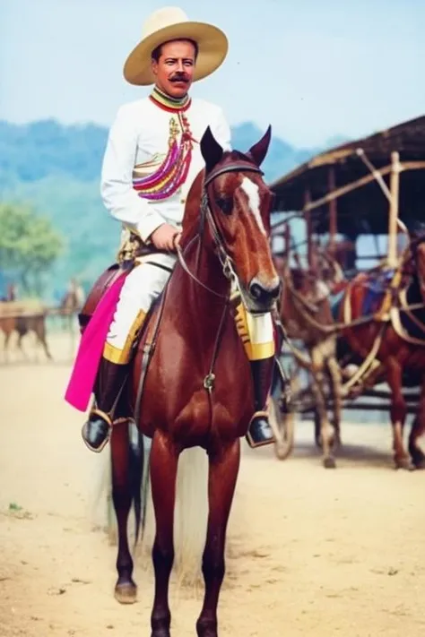 medium shot, (color photo:1.2) of p4nch0v on a horse <lora:p4nch0v_v1:1>