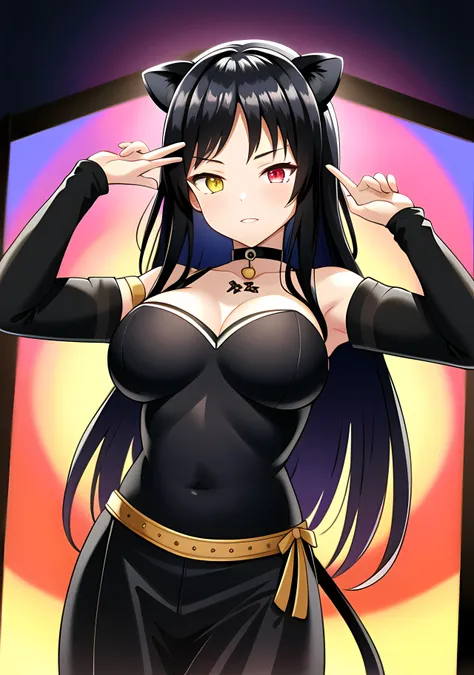 <lora:Nokutoka Momiji UTv2:0.7>, nokutoka momiji, 1girl, masterpiece, best quality, solo, looking at viewer, (lion girl), heterochromia, choker, detached_sleeves, gradient_background, hand_on_own_hip, idol, long_sleeves, pose, solo, v,