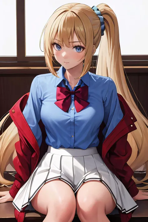 masterpiece, best quality, 1girl, solo, sitting, <lora:CHAR-KeiKaruizawa:0.9> KaruizawaBase, hair scrunchie, school uniform, blue shirt, bowtie, white skirt, red jacket, open jacket