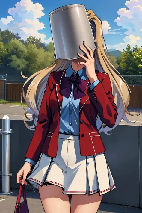 (masterpiece, best quality:1.2), solo, 1girl, KeiKaruizawa, bucket on head, covered face, KaruizawaBase, hair scrunchie, school uniform, blue shirt, bowtie, white skirt, red jacket, open jacket, outdoors, chain-link fence, cloudy sky <lora:KeiKaruizawa:1> <lora:attire_bucketonhead:1>