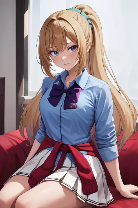 masterpiece, best quality, 1girl, solo, sitting, <lora:CHAR-KeiKaruizawa:0.9> KaruizawaBase, hair scrunchie, school uniform, blue shirt, bowtie, white skirt, clothes around waist