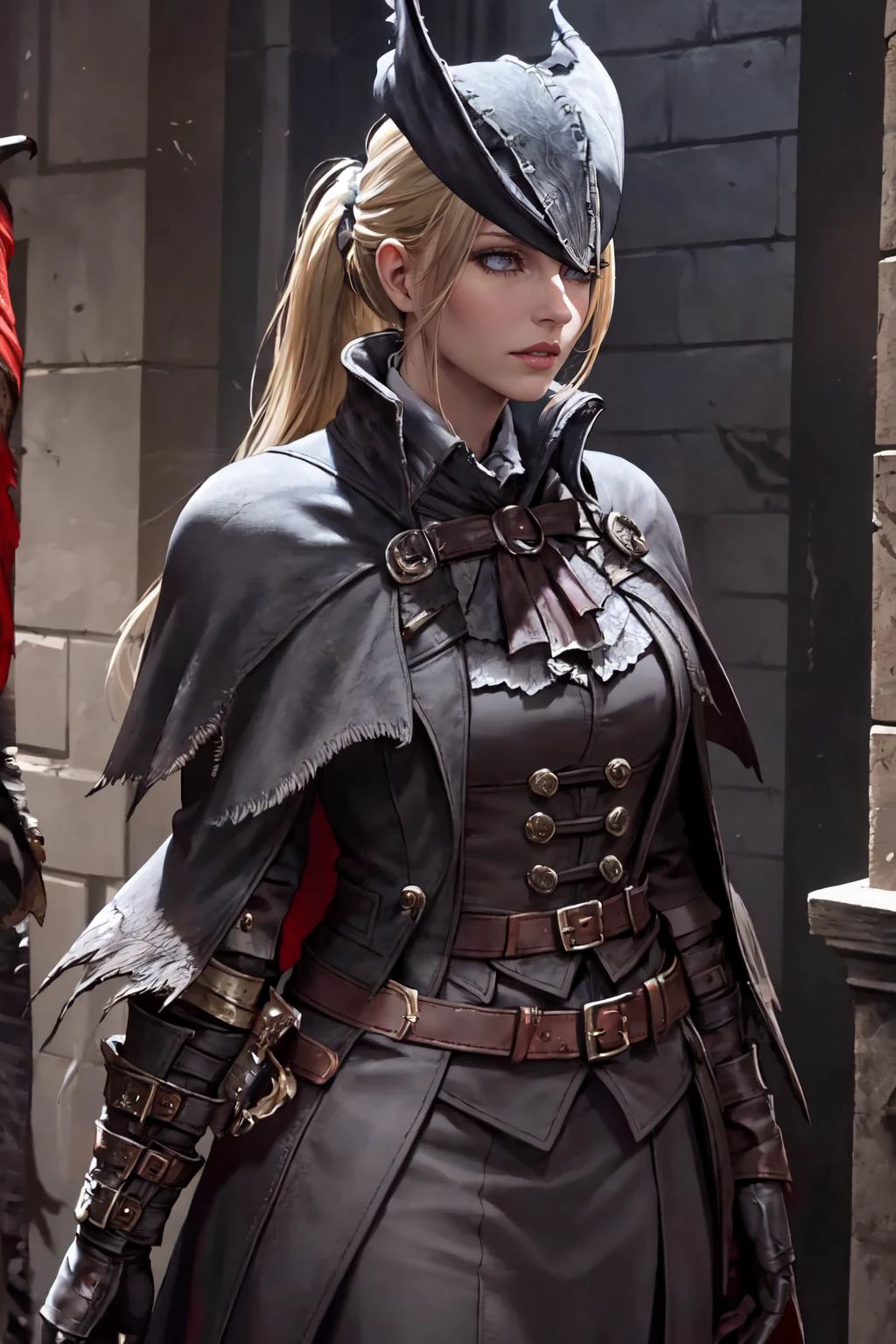 Highly detailed, High Quality, Masterpiece, beautiful, KaruizawaBase, hair scrunchie, <lora:KeiKaruizawa:1>, edgBB, black gloves, belt, coat, torn clothes, capelet, gauntlets,arms at sides, vambraces, black capelet, tricorn, hunter (bloodborne), woman wearing edgBB_outfit, <lora:Outfit_BloodborneHunter:0.65>