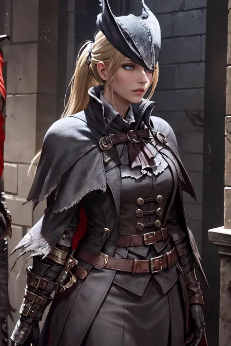 Highly detailed, High Quality, Masterpiece, beautiful, KaruizawaBase, hair scrunchie, <lora:KeiKaruizawa:1>, edgBB, black gloves, belt, coat, torn clothes,  capelet, gauntlets,arms at sides, vambraces, black capelet, tricorn, hunter (bloodborne), woman wearing edgBB_outfit, <lora:Outfit_BloodborneHunter:0.65>