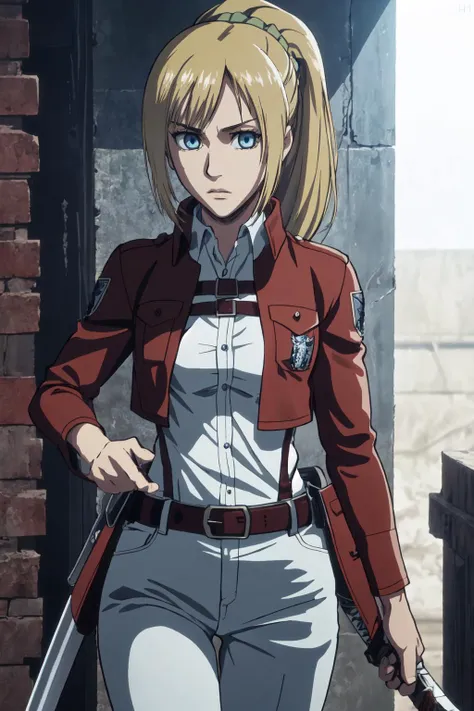 Highly detailed, High Quality, Masterpiece, beautiful, KaruizawaBase, hair scrunchie, <lora:KeiKaruizawa:1>, aot style, <lora:Style_AOT:0.65>, blue eyes, belt, cape, emblem, jacket, paradis military uniform, survey corps \(emblem\), sword