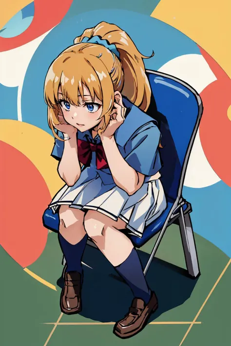 (masterpiece, best quality:1.2), solo, 1girl, KeiKaruizawa, shinjichair, sitting, head down, chair, ponytail, hair scrunchie, KaruizawaBase, school uniform, blue shirt, white skirt, loafers <lora:KeiKaruizawa:0.9> <lora:concept_shinjichair:1>