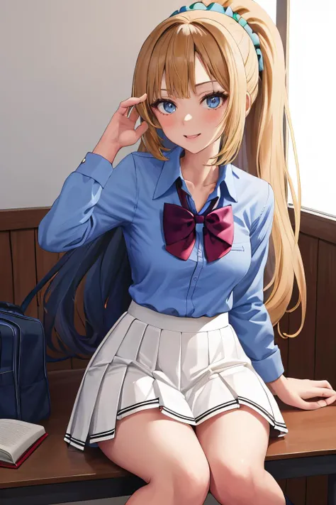 masterpiece, best quality, 1girl, solo, sitting, <lora:CHAR-KeiKaruizawa:0.9> KaruizawaBase, hair scrunchie, school uniform, blue shirt, bowtie, white skirt