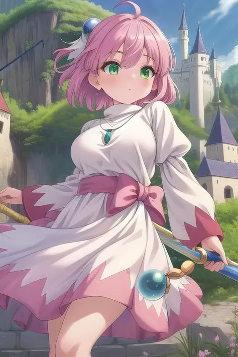 masterpiece, best quality,ultra detail, <lora:anmnr01:0.3> <lora:add_detail:0.5>,<lora:GoodHands-vanilla:0.8>girl, large breasts,petite, <lora:shiroma:0.7>shiroma,castle,middle age town,green eyes, short hair, pink hair, ahoge, hair ornament, necklace, white dress,staff, holding staff