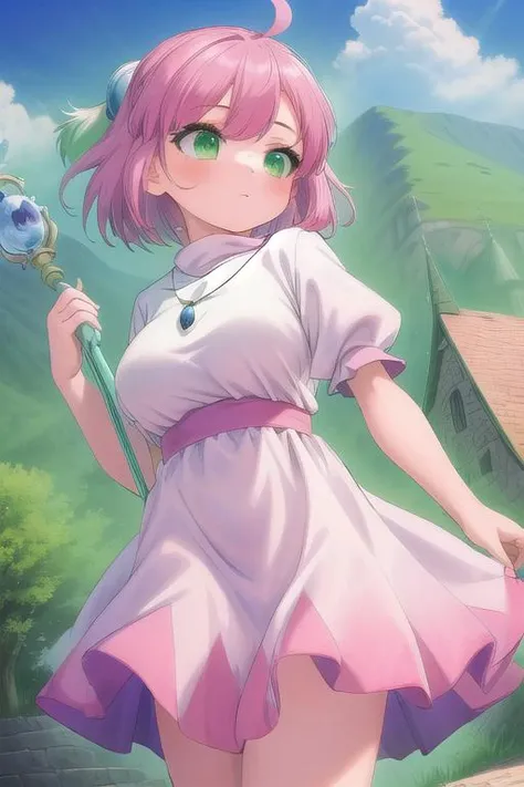 masterpiece, best quality,ultra detail, <lora:anmnr01:0.3> <lora:add_detail:0.5>,<lora:GoodHands-vanilla:0.8>girl, large breasts,petite, <lora:shiroma:0.7>shiroma,castle,middle age town,green eyes, short hair, pink hair, ahoge, hair ornament, necklace, white dress,staff, holding staff <lora:lumi_green_strong_v100:1>