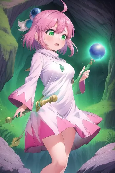 masterpiece, best quality,ultra detail, <lora:anmnr01:0.3> <lora:add_detail:0.5>,<lora:GoodHands-vanilla:0.8>girl, large breasts,petite, <lora:shiroma:0.7>shiroma,dark cave,green eyes, short hair, pink hair, ahoge, hair ornament, necklace, white dress,staff, holding staff <lora:lumi_green_strong_v100:1>,open mouth ,magic circle