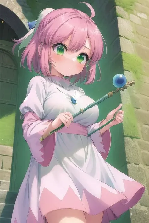 masterpiece, best quality,ultra detail, <lora:anmnr01:0.3> <lora:add_detail:0.5>,<lora:GoodHands-vanilla:0.8>girl, large breasts,petite, <lora:shiroma:0.7>shiroma,castle,middle age town,green eyes, short hair, pink hair, ahoge, hair ornament, necklace, white dress,staff, holding staff <lora:lumi_green_strong_v100:1>