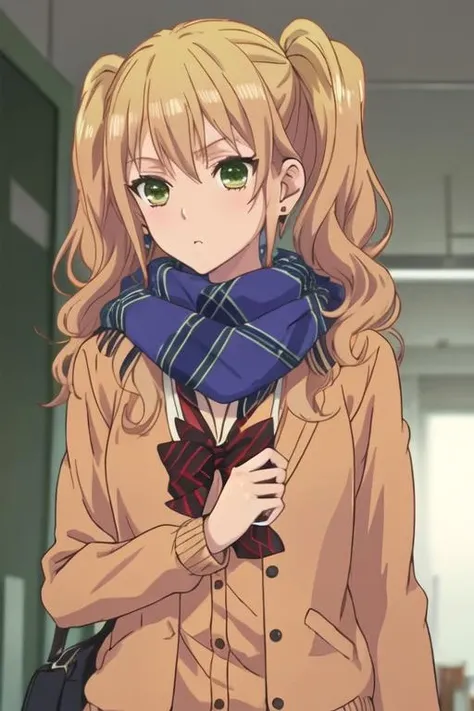 best quality, masterpiece, highres, solo, {aihara_yuzu_citrus:1.15}, blonde_hair, green_eyes, long_hair, jewelry, earrings, brown_hair, 1girl, blue_scarf, jacket, scarf, twintails, school_uniform, upper_body