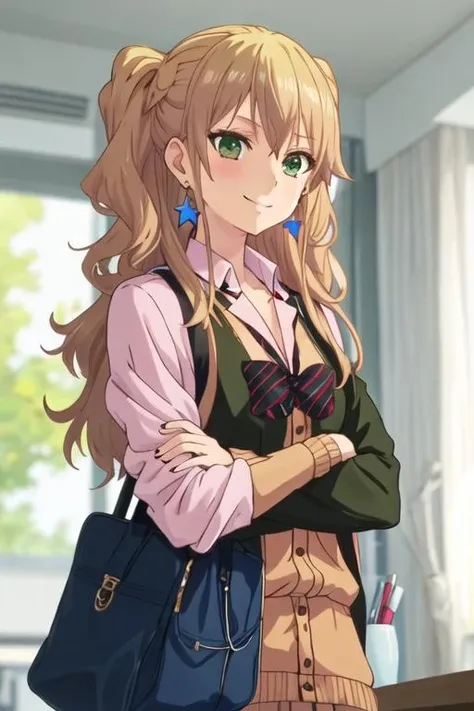 best quality, masterpiece, highres, solo, {aihara_yuzu_citrus:1.15}, blonde_hair, green_eyes, long_hair, jewelry, earrings, brown_hair, 1girl, hair_ornament, star_\(symbol\), smile