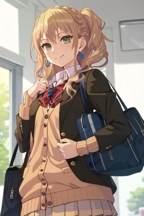 best quality, masterpiece, highres, solo, {aihara_yuzu_citrus:1.15}, blonde_hair, green_eyes, long_hair, jewelry, earrings, brown_hair, 1girl, bag, bow, braid, cardigan, jacket, school_bag, school_uniform, blazer, hair_over_shoulder, smile