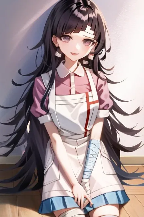 <lora:MikanDG:1>, 1girl, solo, messy hair, bandages, apron, shirt, short sleeves, bandaged leg, puffy sleeves, pink shirt, official style, blue skirt, smile, puffy short sleeves, pleated skirt, bandaged arm, white apron, collared shirt, classroom,