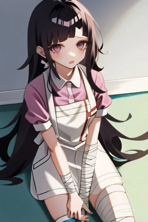 <lora:MikanDG:1>, 1girl, messy hair, bandages, apron, shirt, short sleeves, bandaged leg, puffy sleeves, pink shirt,