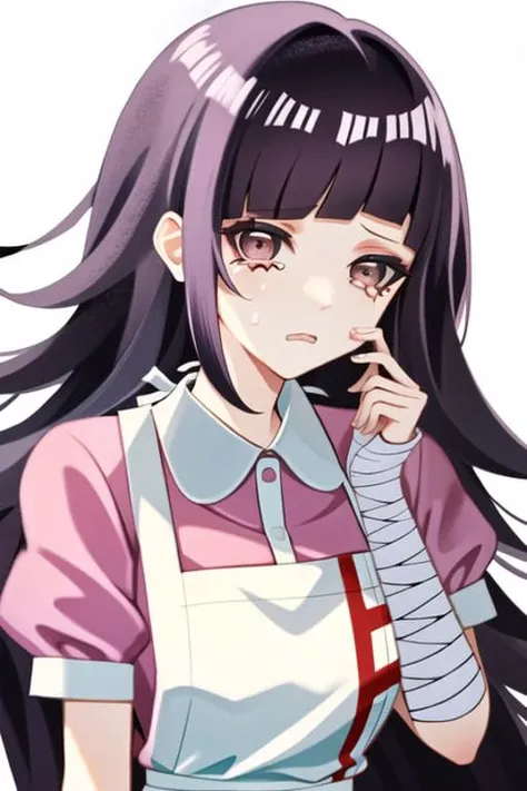 <lora:MikanDG:1>, MikanDG, 1girl, solo, messy hair, official style, bandaged arm, face, portrait, upper body, apron, shirt, short sleeves, puffy sleeves, pink shirt, bandages, puffy short sleeves, collared shirt, tears,