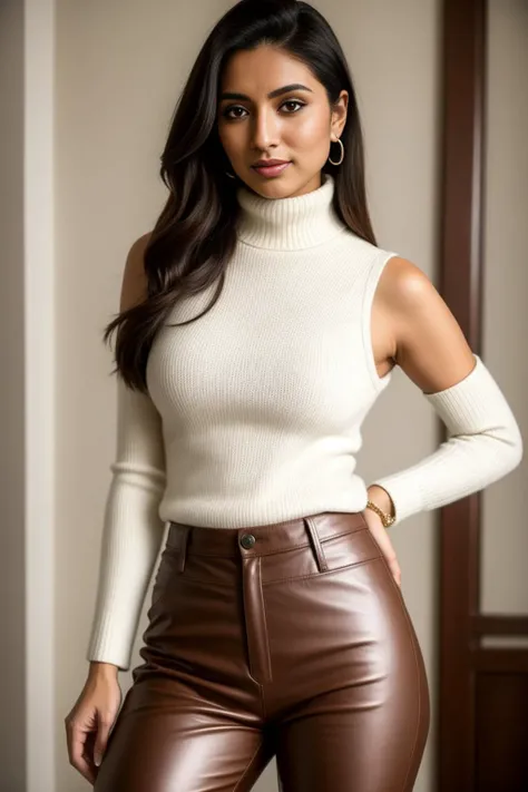 desilattelyco <lyco:DesiCoffeeLyco:1>, a portrait photo of a beautiful woman,  sleeveless turtleneck sweater, cream colored leather pants, 8k uhd, high quality, film grain, Fujifilm XT3, intricate ethnic jewelry,   <lora:more_details:.4>