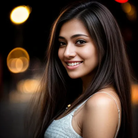 desilattelyco <lyco:DesiCoffeeLyco:1>, a professional portrait photo of a 20 year old girl with light brown eyes, ((night time)), ((Face only, head shot)), ,((black hair)), stunning clarity, hair running across face, big smile, looking away from camera, ((blurry background bokeh)), <lora:more_details:0.3>