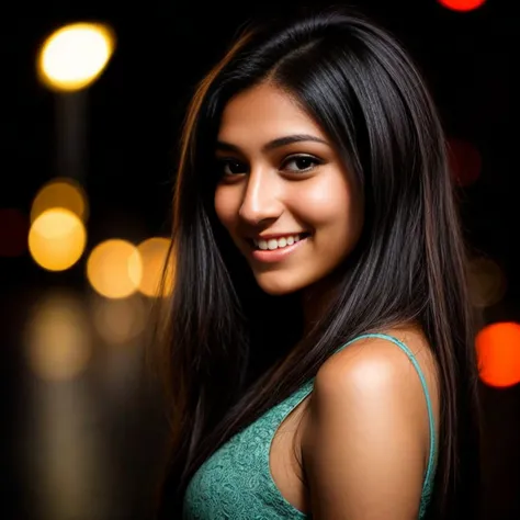 desimochalyco <lyco:DesiCoffeeLyco:1>, a professional portrait photo of a 20 year old girl with light brown eyes, ((night time)), ((Face only, head shot)), ,((black hair)), stunning clarity, hair running across face, big smile, looking away from camera, ((blurry background bokeh)), <lora:more_details:0.3>