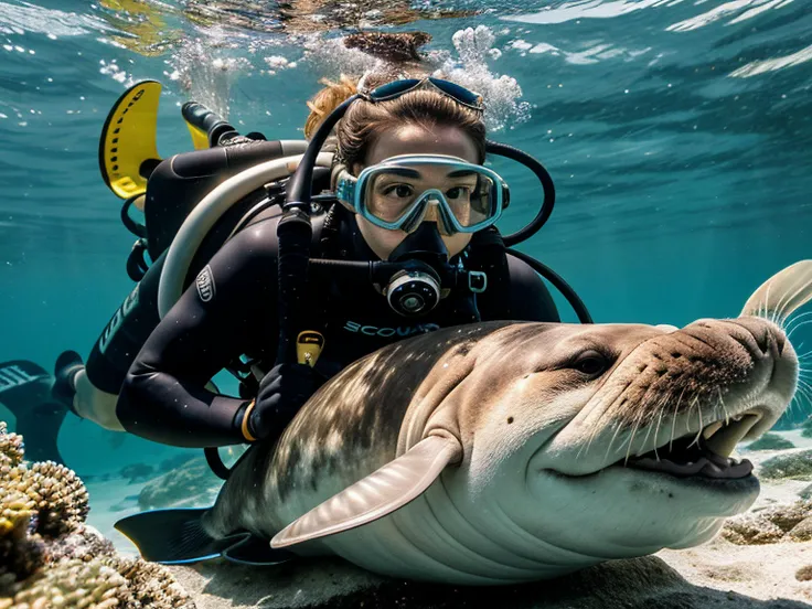 Hyperrealistic art of a diver playing with a walrus, extremely detailed face eyes lips body feet hand fins,<lora:epiCRealismHelper:1>, <lora:scubagear2023:1.0> scubagear2023, diving mask, scuba tank, goggles, diving suite, feets with diving fins, Ultra-realistic 8k CG,masterpiece,best quality,(photorealistic:1.4),(EOS R8,50mm,F1.2,8K), Extremely high-resolution details, photographic, realism pushed to extreme, fine texture, incredibly lifelike