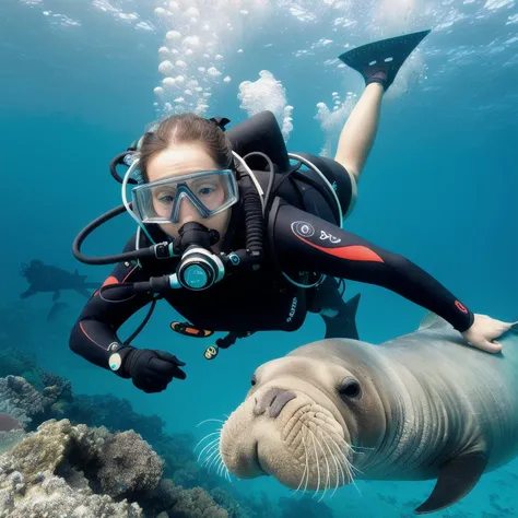 a diver playing with a walrus, extremely detailed face eyes lips body feet hand fins,<lora:epiCRealismHelper:1>, <lora:scubagear2023:1.0> scubagear2023, diving mask, scuba tank, goggles, diving suite, feets with diving fins, Ultra-realistic 8k CG,masterpiece,best quality,(photorealistic:1.4),(EOS R8,50mm,F1.2,8K)