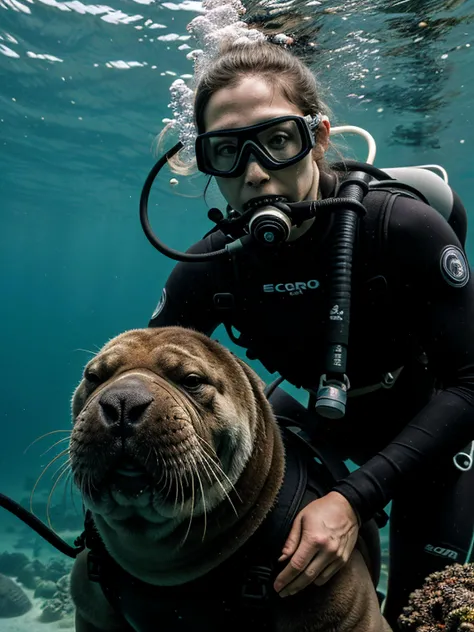 Horror-themed, a diver playing with a walrus, extremely detailed face eyes lips body feet hand fins,<lora:epiCRealismHelper:1>, <lora:scubagear2023:1.0> scubagear2023, diving mask, scuba tank, goggles, diving suite, feets with diving fins, Ultra-realistic 8k CG,masterpiece,best quality,(photorealistic:1.4),(EOS R8,50mm,F1.2,8K), Eerie, unsettling, dark, spooky, suspenseful, grim, highly detailed