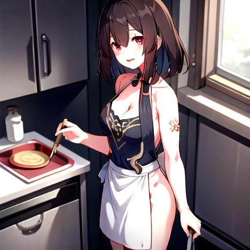 1girl, nsfw, nanjoukumiko, brown hair, short twintails, bangs pinned back, hairclip, short hair, green eyes, empty eyes, large breasts, nipple, Walking, Cooking Classes, frozen, Wet, crying, Naked, (1girl) Blank look, Peeing, lactation, projectile lactation