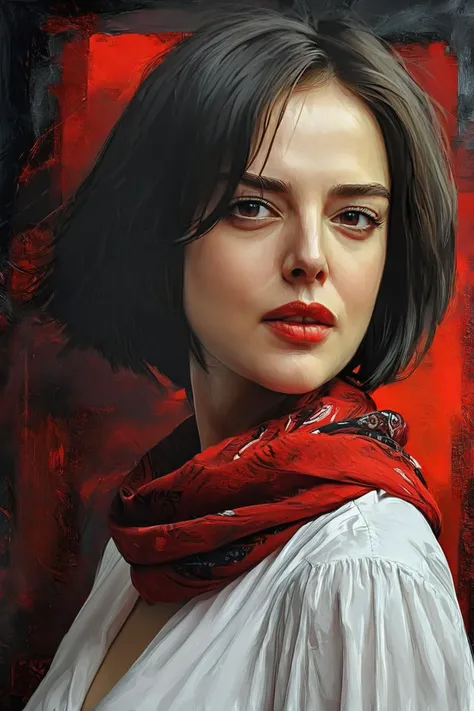 portrait of a woman, <lora:MilenaRadulovicSDXL_v1:0.8> MilenaRadulovic, short hair, dark hair, white blouse, red scarf, dark background, abstract background,
hyperdetailed, fantasy art, digital art, sharp focus, masterpiece, fine art, Visual Art, Detailed Painting, Digital Illustration,