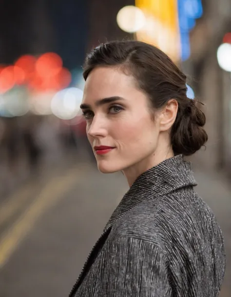 professional fashion close-up portrait photography of a young beautiful ((ohwx woman)) <lora:connelly_lora_sdxl_v1:1> in the city at night, Nikon Z9, bokeh