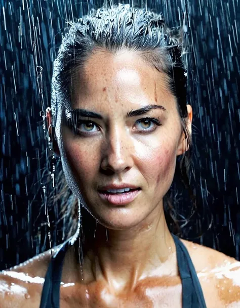 <lora:Olivia Munnv2:1.0>, close-up professional portrait photography of (olvmnnpsy woman) downpour, soaking wet, dripping wet, wet hair, runny makeup, scared, action pose, facing viewer, accurate lighting,