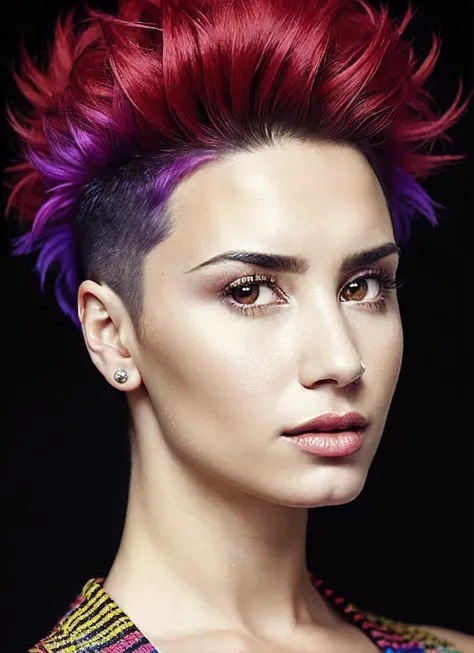 portrait of sks woman by Flora Borsi, style by Flora Borsi, bold, bright colours, rainbow Mohawk haircut, ((Flora Borsi)), <lora:locon_demilovato_v1_from_v1_64_32:1.25>