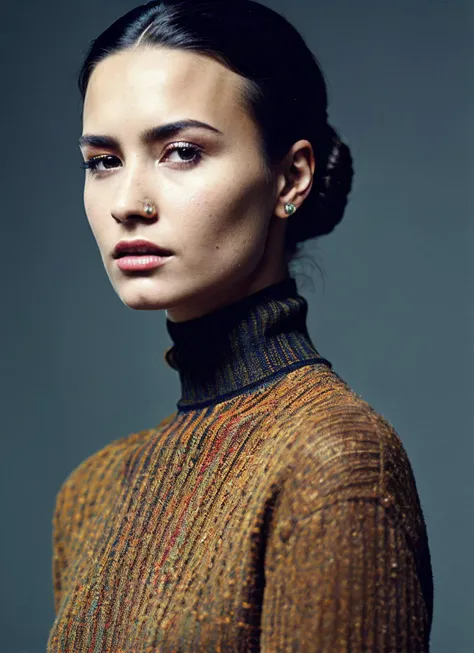 analog style, modelshoot style, A stunning intricate full color portrait of (sks woman:1), wearing a black turtleneck, epic character composition, by ilya kuvshinov, alessio albi, nina masic, sharp focus, natural lighting, subsurface scattering, f2, 35mm, film grain, <lora:locon_demilovato_v1_from_v1_64_32:1.25>