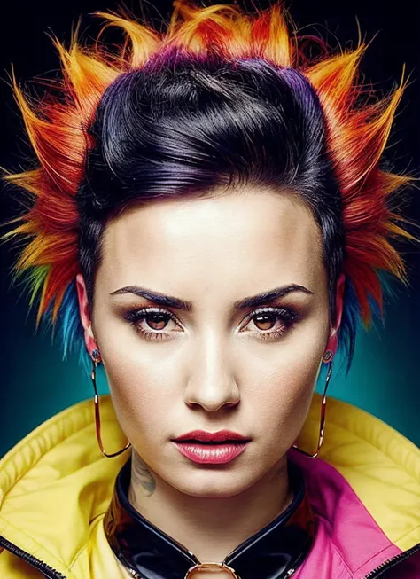 portrait of sks woman by Flora Borsi, style by Flora Borsi, bold, bright colours, rainbow Mohawk haircut, ((Flora Borsi)), <lora:locon_demilovato_v1_from_v1_64_32:1.25>