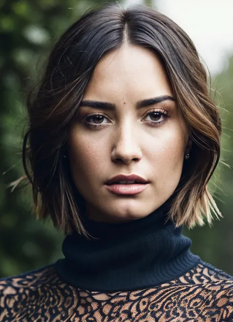 A stunning intricate full color portrait of (sks woman:1), wearing a black turtleneck, epic character composition, by ilya kuvshinov, alessio albi, nina masic, sharp focus, natural lighting, subsurface scattering, f2, 35mm, film grain, <lora:locon_demilovato_v1_from_v1_64_32:1.25>