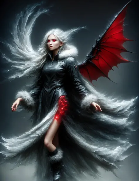 masterpiece, awesome quality, hyper detailed, DonMB4nsh33, female mothman, cryptid creature, humanoid, large bat wings, reflective red eyes, fur covered body, dark colors, tall imposing stature, foretelling disaster , <lora:DonMB4nsh33:0.8>