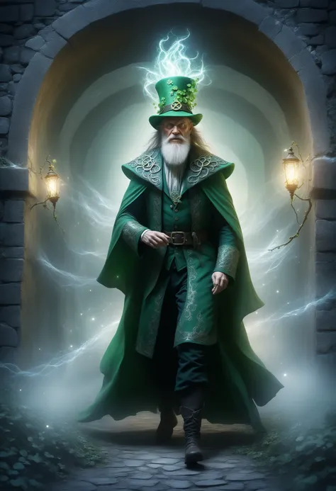 DonM3t3rn1tyXL st. patrics day, irish folklore, warp-faced technique tunnel network, neglected,shamrocks, fairies, fairy lights, a DonMB4nsh33XL man leprechaun with traditional clothing, dynamic, motion, action, <lora:released\DonMMy51ic4lXL-v1.1-000006:0.5> <lora:released\DonM3t3rn1tyXL-v1.1-000008:0.7>, <lora:released\DonMB4nsh33XL-v1.1-000004:0.6>