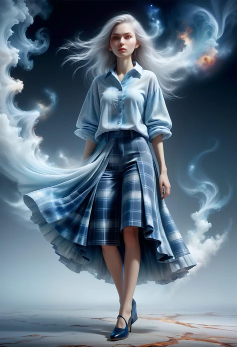 hyper detailed masterpiece, dynamic realistic digital art, awesome quality, DonMB4nsh33XL otherworldly nebulous pale girl,  wide-leg culottes, terry cloth    shibori plaid shirt, slingback pumps,  ,, dissolving into mist <lora:DonMB4nsh33XL-v1.1-000004:0.8>